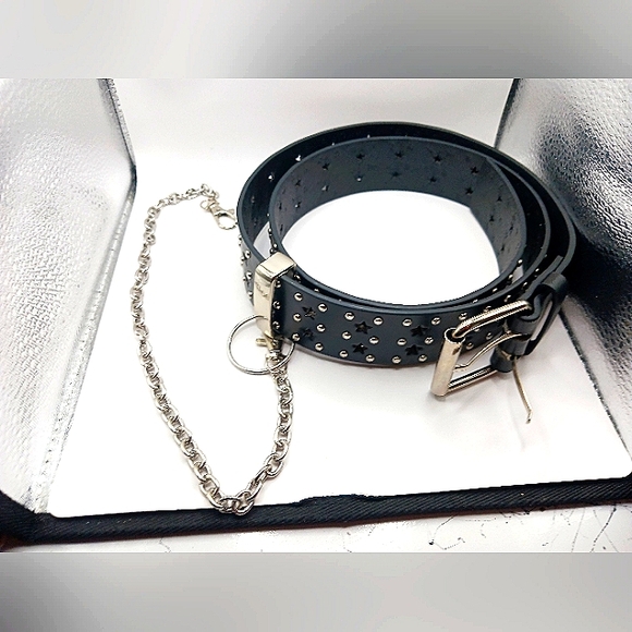 ASHER- KEMP Accessories - Black Stars + Studs Vegan Leather Belt +15" Wallet or Belt  Chain New